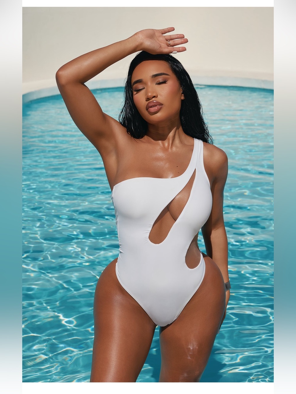One-Shoulder White Cutout Mesh One-Piece Swimsuit